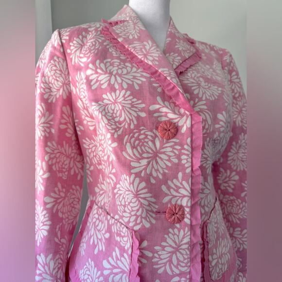 Sigrid Olsen Pink & Ivory Floral Print Linen Blend Single Breasted Blazer - Picture 6 of 9